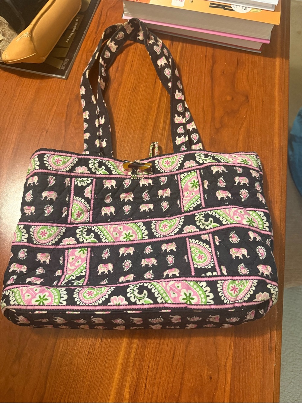 Vera Bradley Navy Quilted Tote with Pink & Green Paisley and Elephant Motif